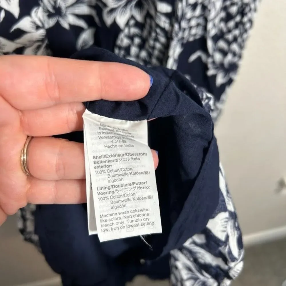 J.Crew Pineapple Print Cotton Midi Dress 6 Navy Blue Tiered Ruffle Vacation